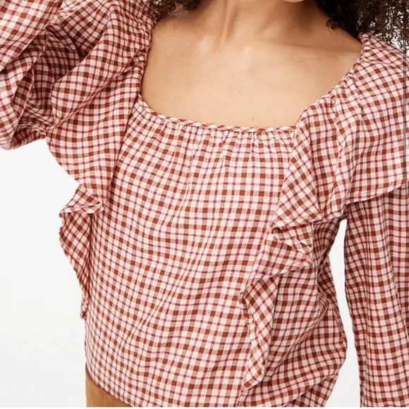 NWOT J. Crew Gingham Flannel Red White  Square Neck Ruffle 100% Cotton Top S - Picture 3 of 8